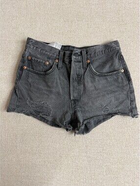 Levis 501 Womens W26 Washed Black Distressed High Rise Cut Off Denim Shorts